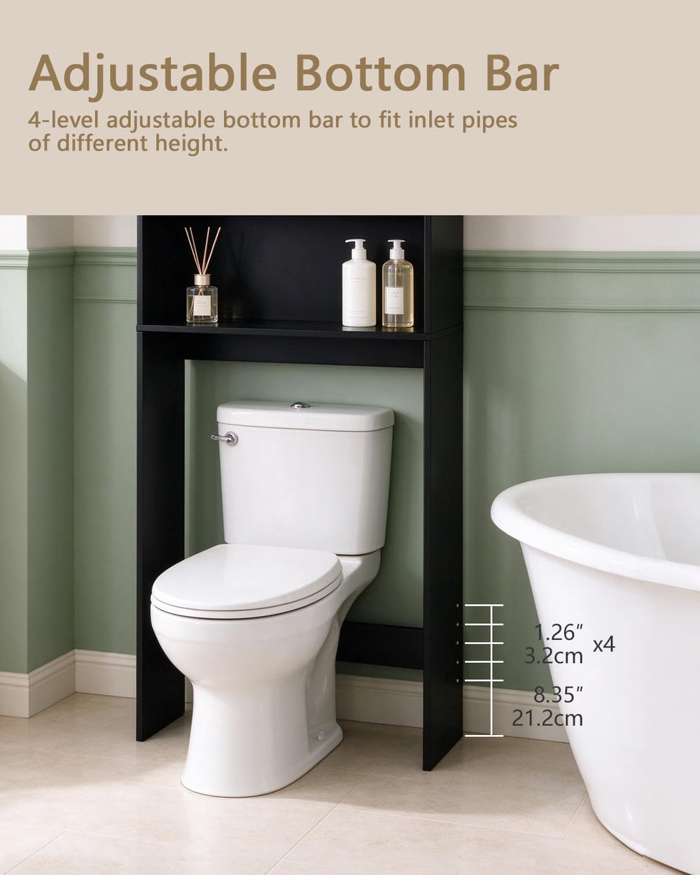 Over the Toilet Storage Cabinet, 2 Fluted Doors, Adjustable Shelf, Black