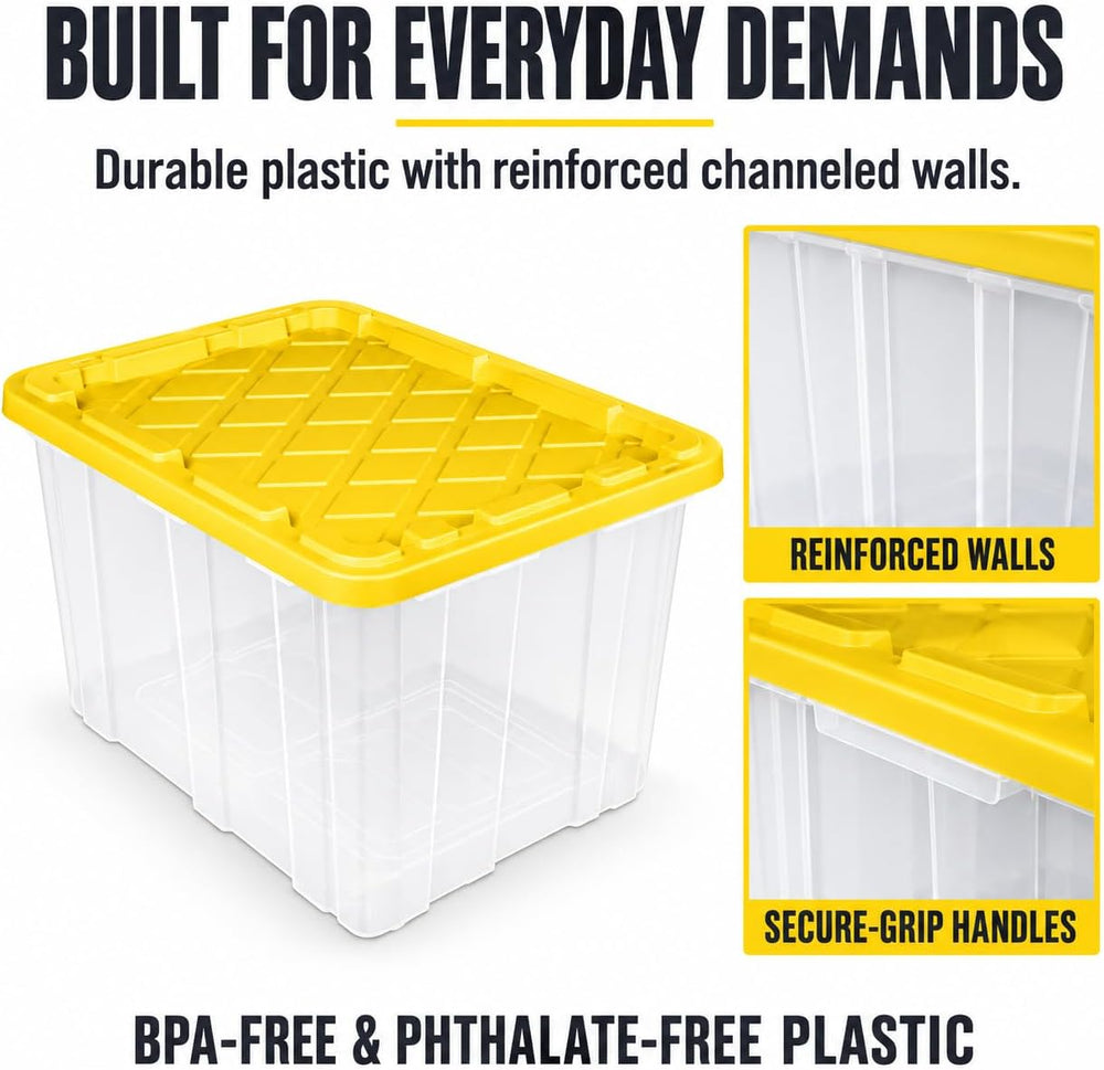 27 Gallon Clear Plastic Industrial Storage Tote, Snap Lid, Yellow, 4 Pack