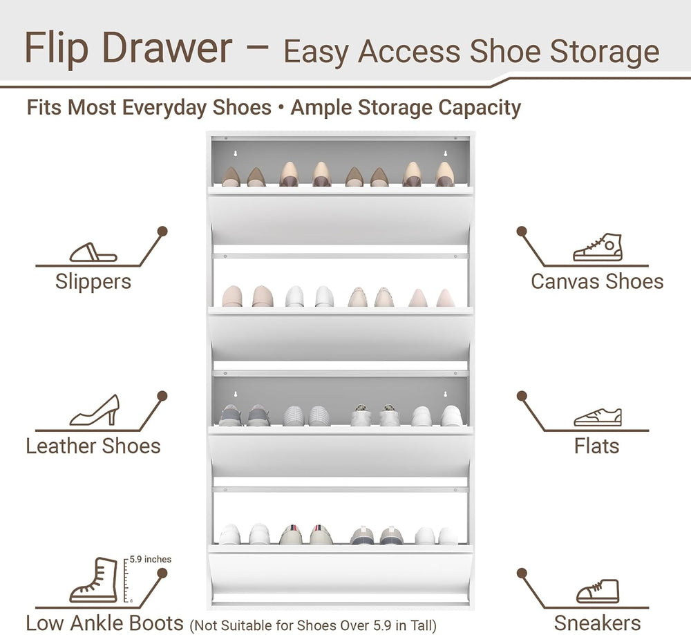 4 Flip Drawer Shoe Cabinet, Slim Metal Storage for Entryway