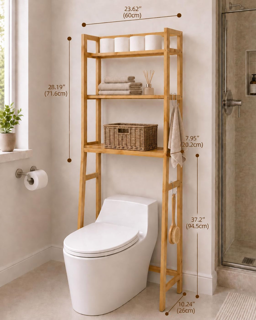 Over The Toilet Storage,Space Saving 3 Tier Bamboo Bathroom Storage Shelf