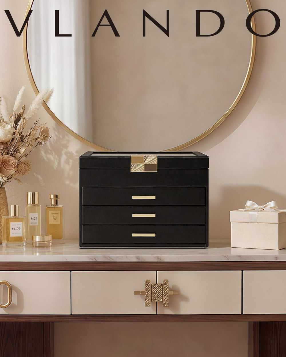 VLANDO Jewelry Box Organizer, 4-Layer Storage with Glass Window
