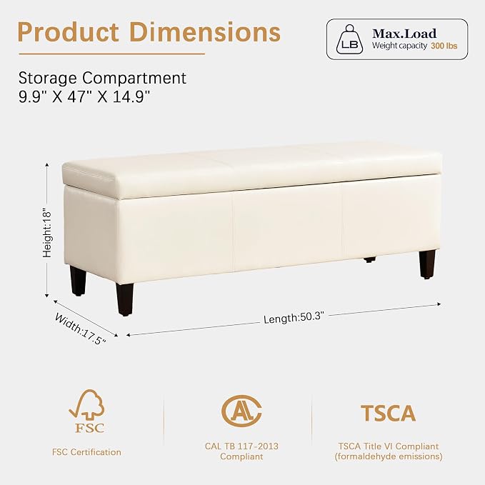 HUIMO Faux Leather Storage Ottoman Bench 50.3 inch Extra Long Upholstered