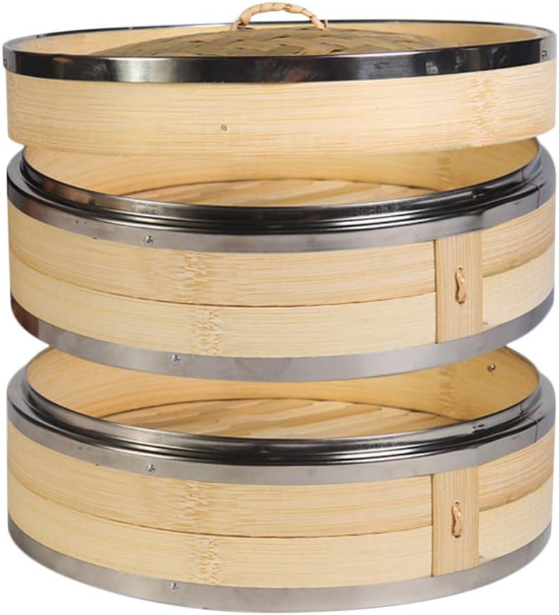 2-Tier Kitchen Bamboo Steamer with Stainless Steel Rings for Asian Cooking | ...