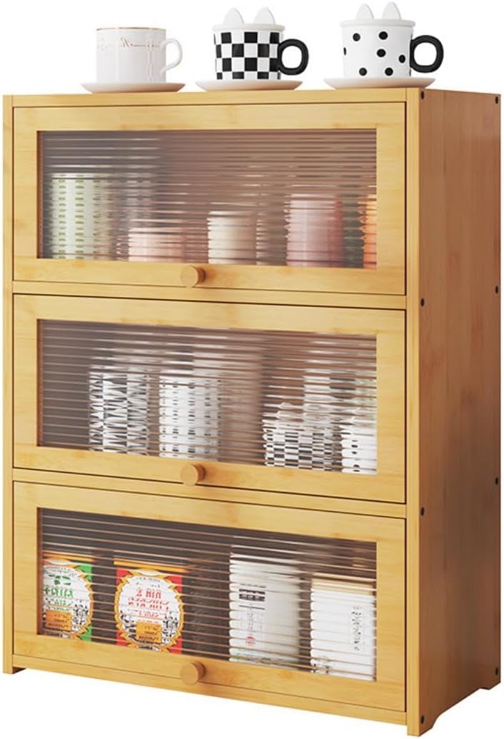 3 Tiers Bamboo Storage Cabinet, Wood Sideboard with Acrylic Doors Modern Kitc...