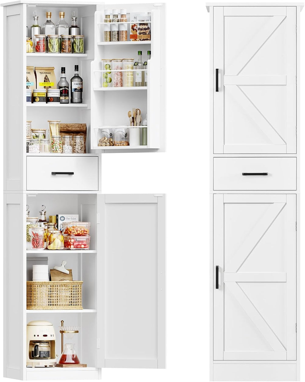 Tall Storage Cabinet with Door Shelves & Drawer, Kitchen Pantry Cabinet