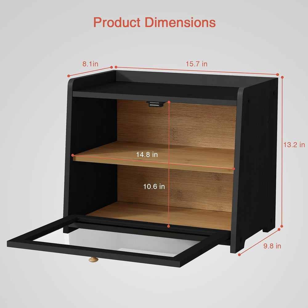 Goozii Bread Box for Kitchen Countertop, 2 Tier Large Breadbox Modern Black