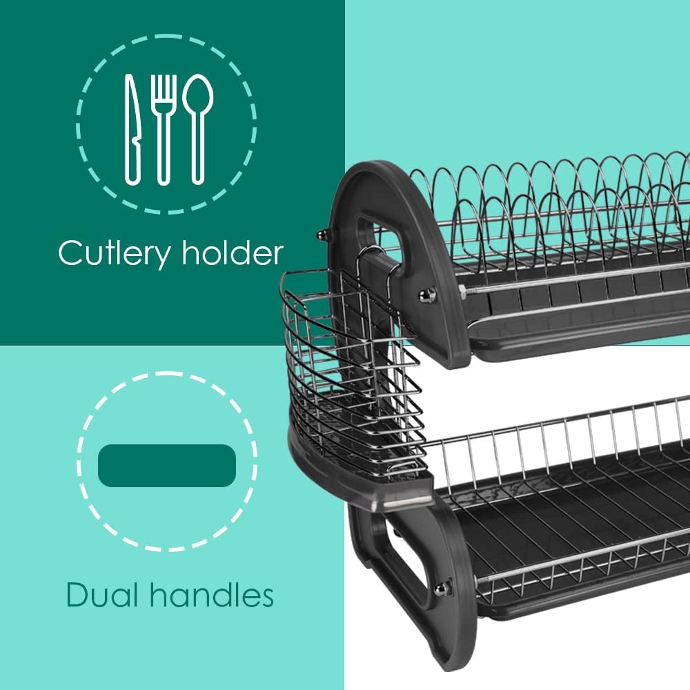 Home Basics Plastic 2-Tier Dish Drainer Rack, Air Drying and Organizing Dishe...