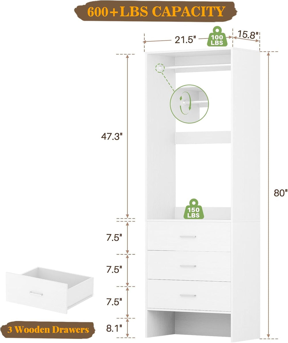 Aheaplus 1.8FT Closet System with Drawers, 21.5’’ Closet Organizer, White