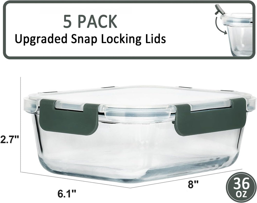 M MCIRCO 5 Pack 36 oz Glass Food Storage Containers with Lids,4.5 Cups,Gray