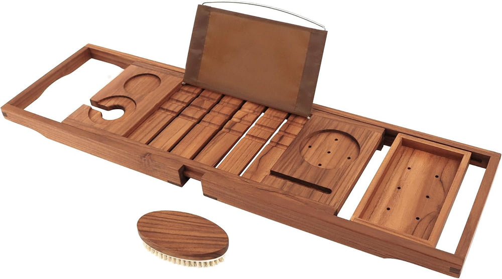 VaeFae Teak Bathtub Tray Expandable, Wooden Tub Caddy, Non-Folding