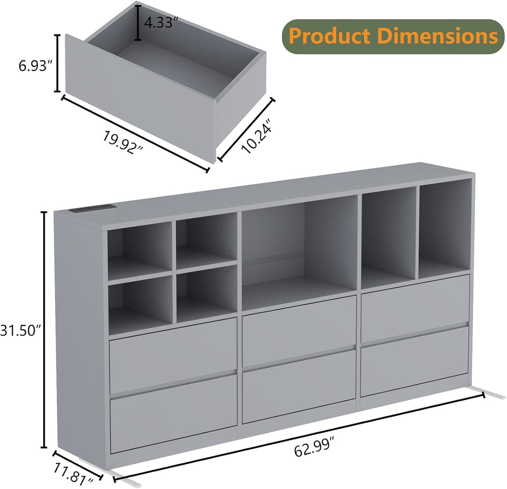 Grey 6 Drawers Dresser with 7 Storage Cubbies, LED Lights, Power Outlets