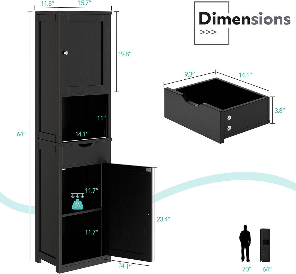 Vongrasig 64”Tall Slim Bathroom Storage Cabinet with 2 Doors, Black