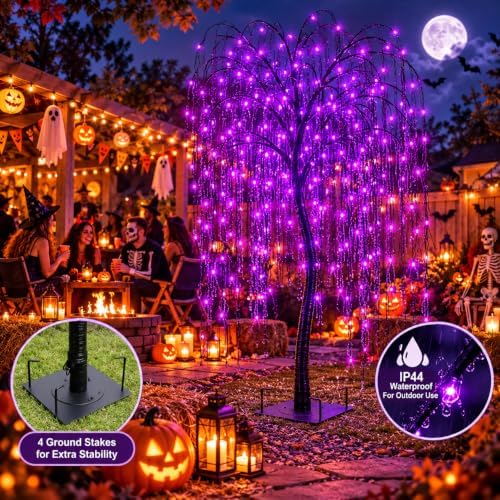 LIGHTSHARE 7 Feet Halloween Willow Tree with Spiders, 256 LED Lights for Home...