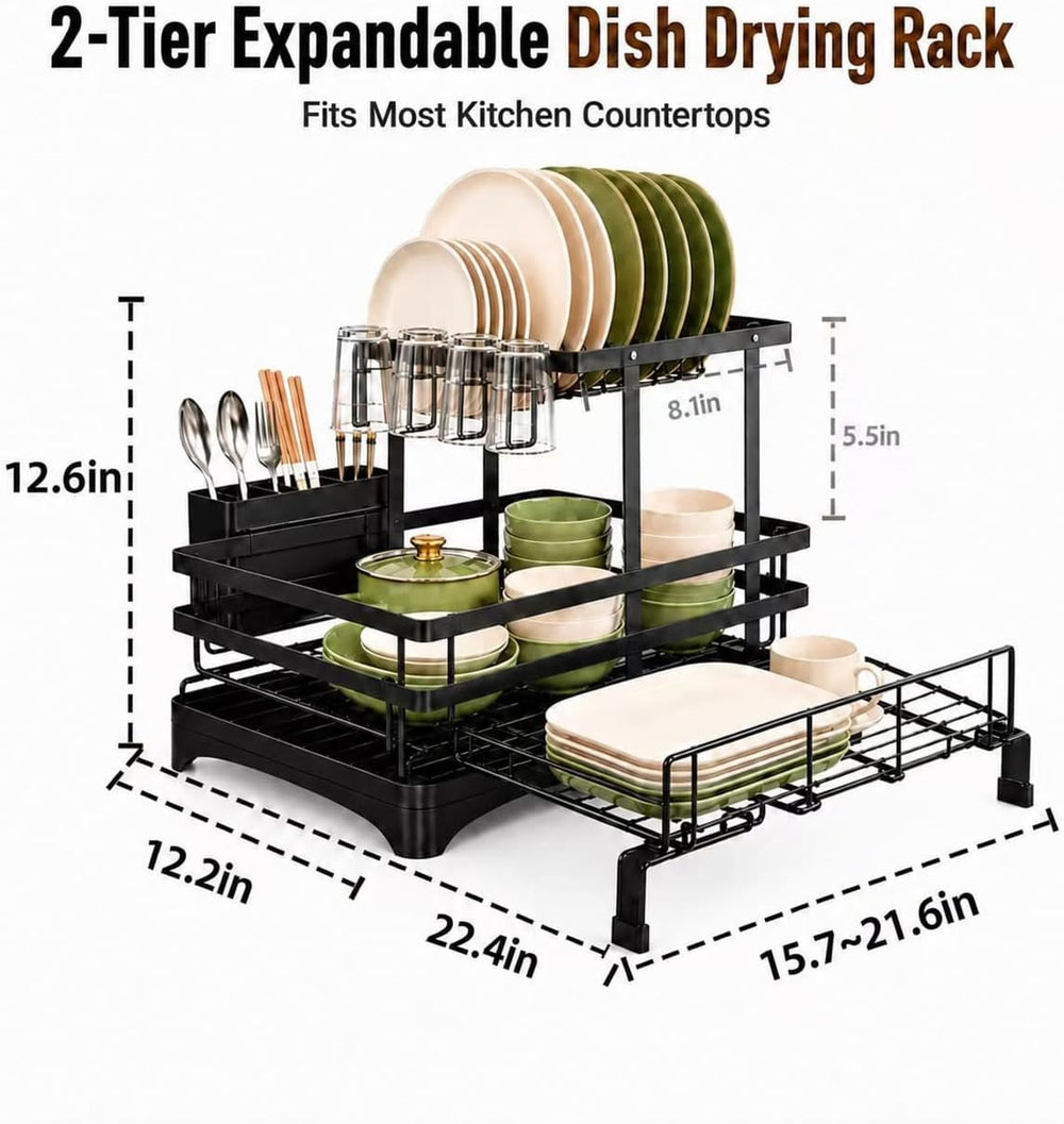 2-Tier Expandable Dish Drying Rack for Kitchen Counter and Over Sink, Black
