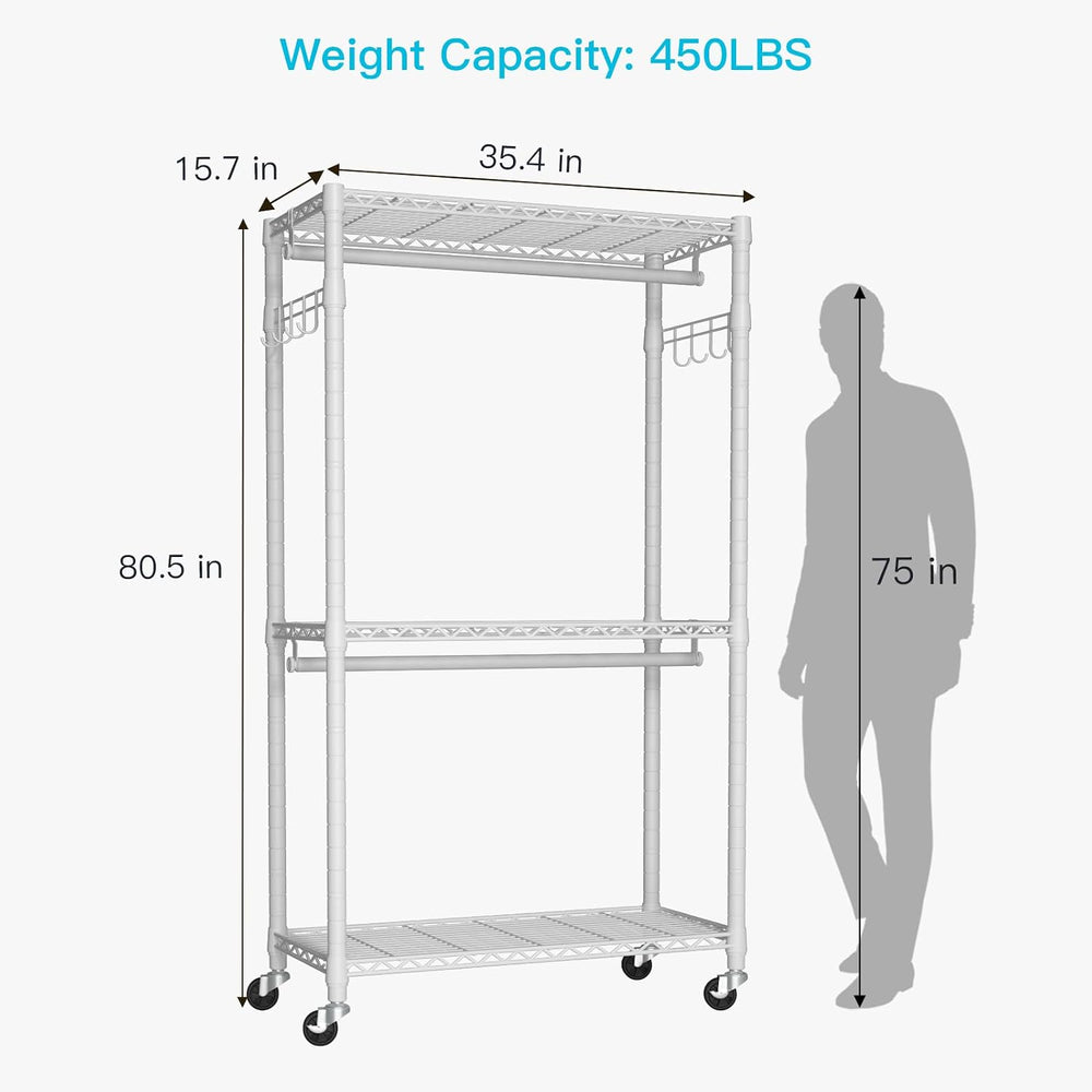 P1 Heavy Duty Garment Rack, 3 Tiers Adjustable Rolling Metal Closet