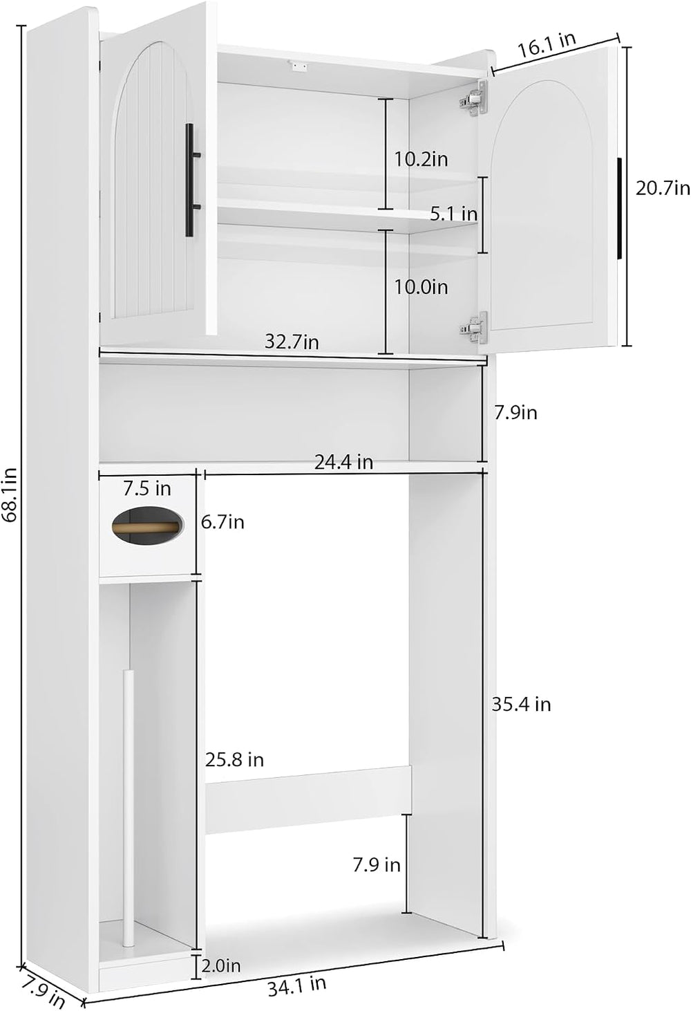34"W Over the Toilet Storage Cabinet with Arched Doors, Wood