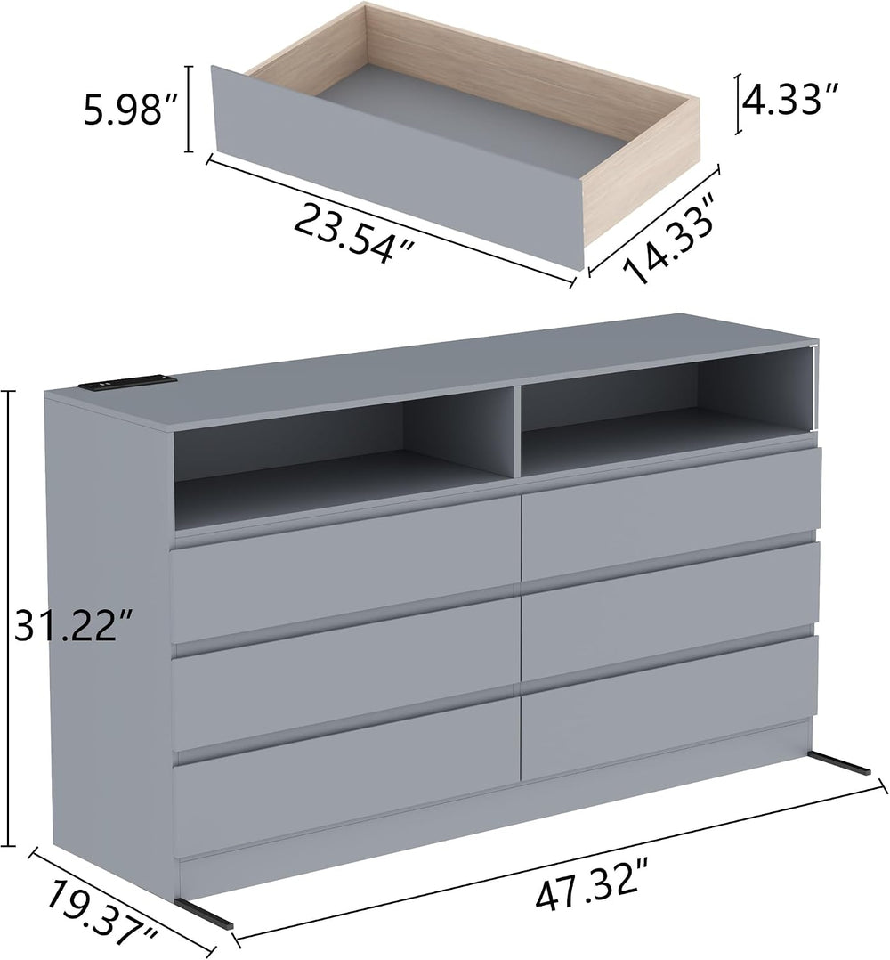Gyfimoie Grey 6-Drawer Dresser for Bedroom w/Power Outlet and LED Light