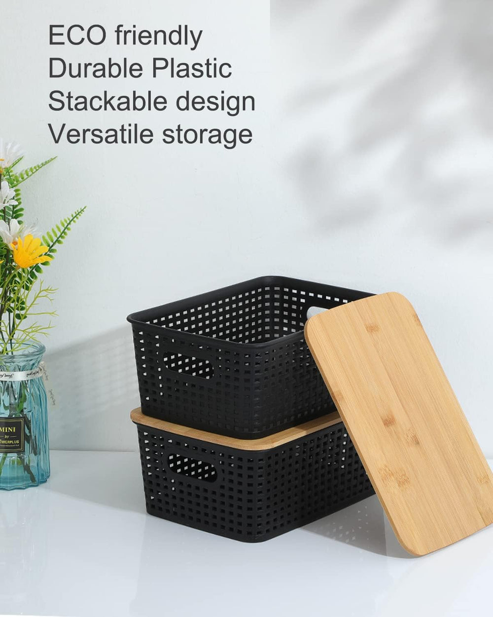 AREYZIN Storage Bins with Bamboo Lids Set of 6 Lidded Storage Container Plast...