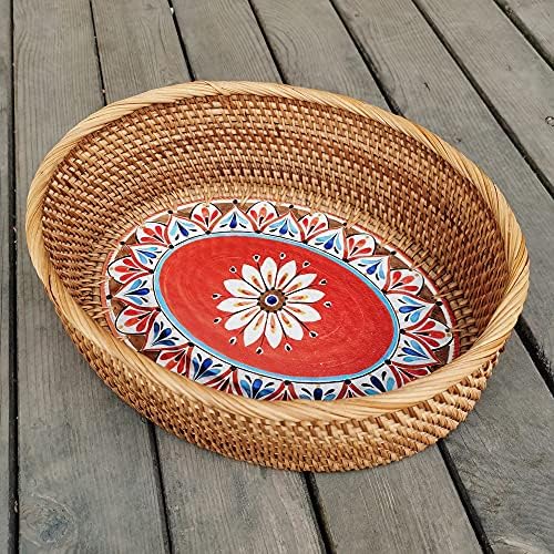 12 inch Oval Rattan Bread Basket, Deep Basket Tray with 4 Inch Wall and Paint...