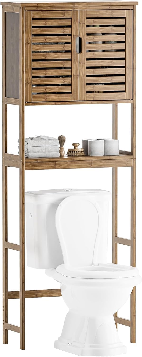 SMIBUY Bathroom Storage Shelf with Cabinet, Bamboo Over-The-Toilet Organizer ...