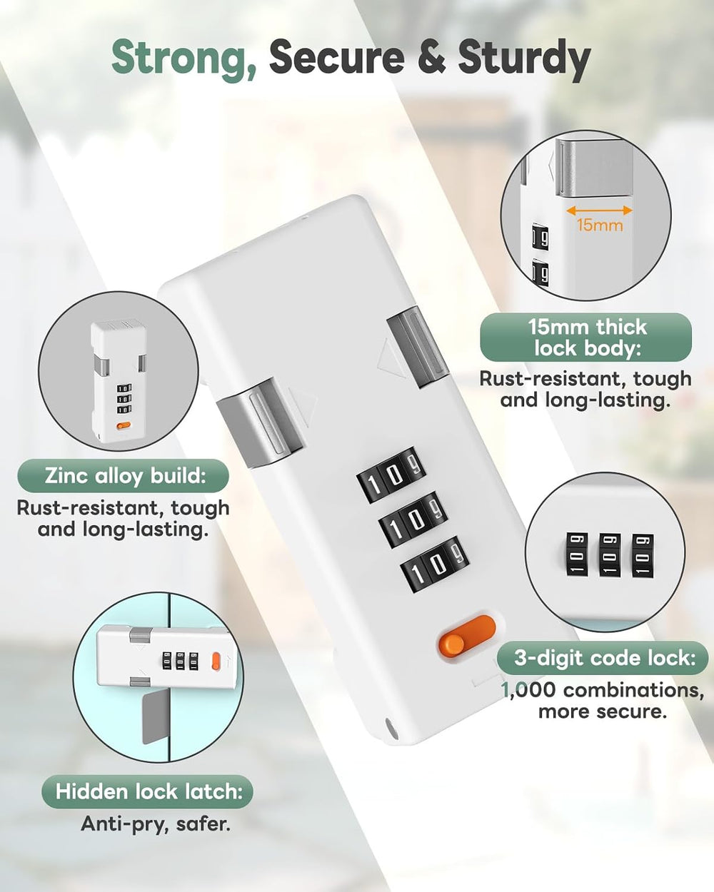 180 Degree Barn Door Combination Lock, Keyless, White-2 Pack