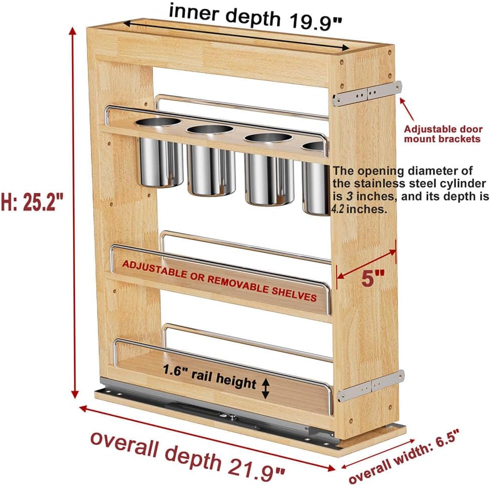 OCG 5" Pull-Out Solid Wood Storage Organizer for Base Cabinets, Soft Clo...