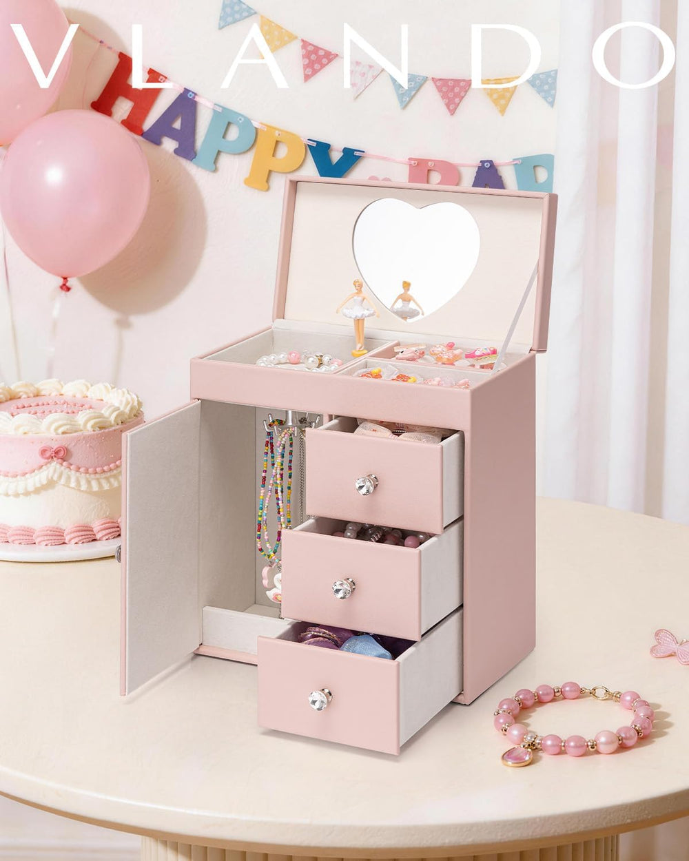 VLANDO 4 Layer Musical Jewelry Box, 3 Drawers Storage and Necklace Hook