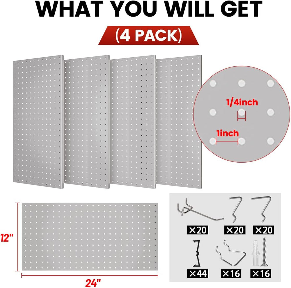 Metal Pegboard Wall Organizer, 12 x 24 in, Silver, 4 Pack