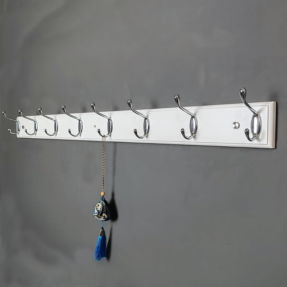 Wooden Wall Mounted Coat Rack 35 inch (90cm) with 8 Silver Hooks, Lang Wood W...