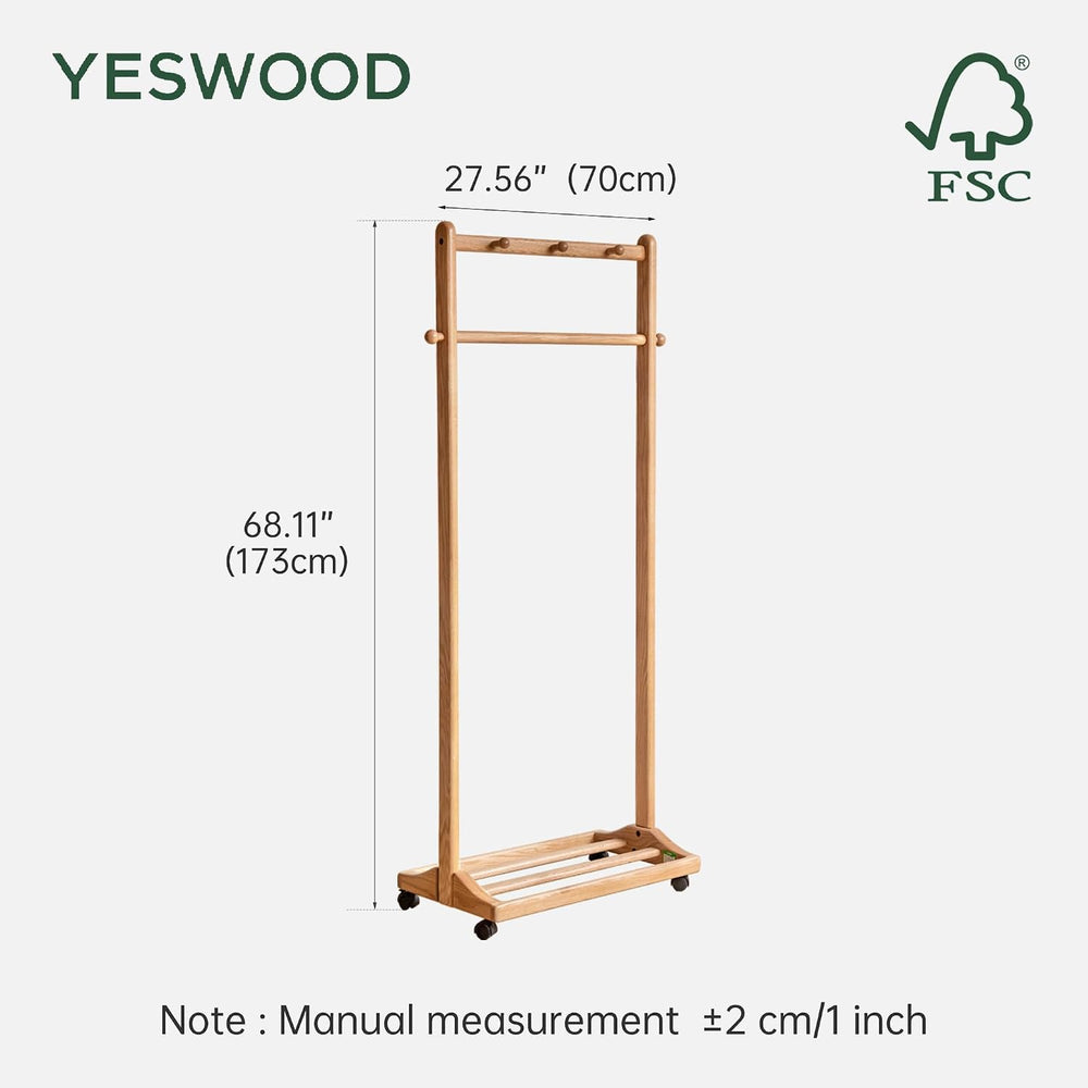 Solid Wood Clothes Rack, Rolling Garment Rack with Wheels & Shelves Stora...