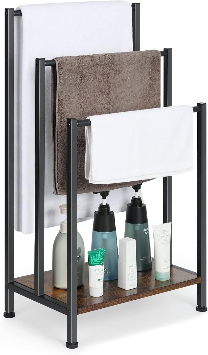 Freestanding Towel Rack, 3 Tier Blanket Ladder Holder with Rustic Brown Woode...