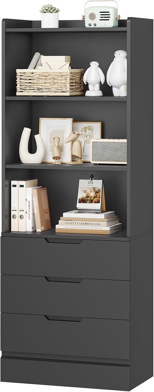 DICTAC Bookcase with 3 Drawers and Shelves 73.23'' Tall Bookshelf wit...