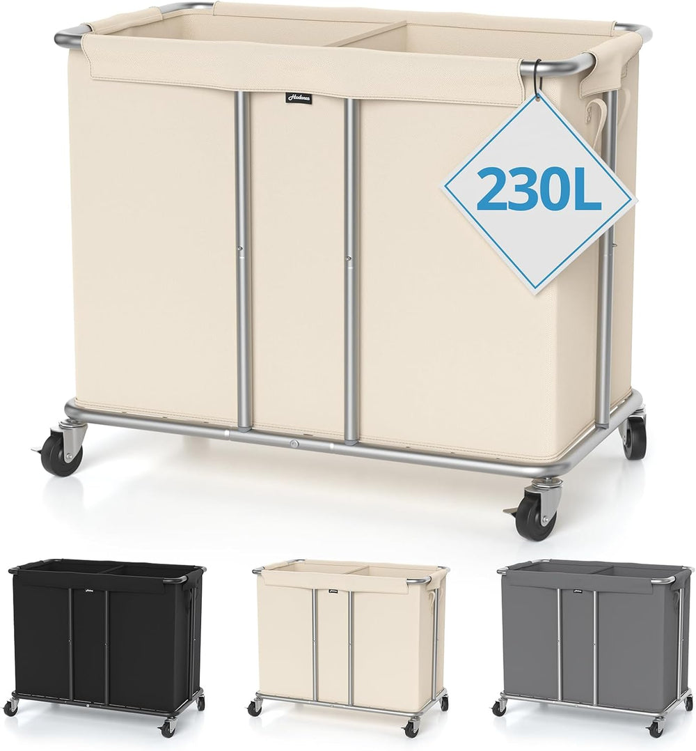 230L Rolling Laundry Hamper, 2-Section Laundry Basket