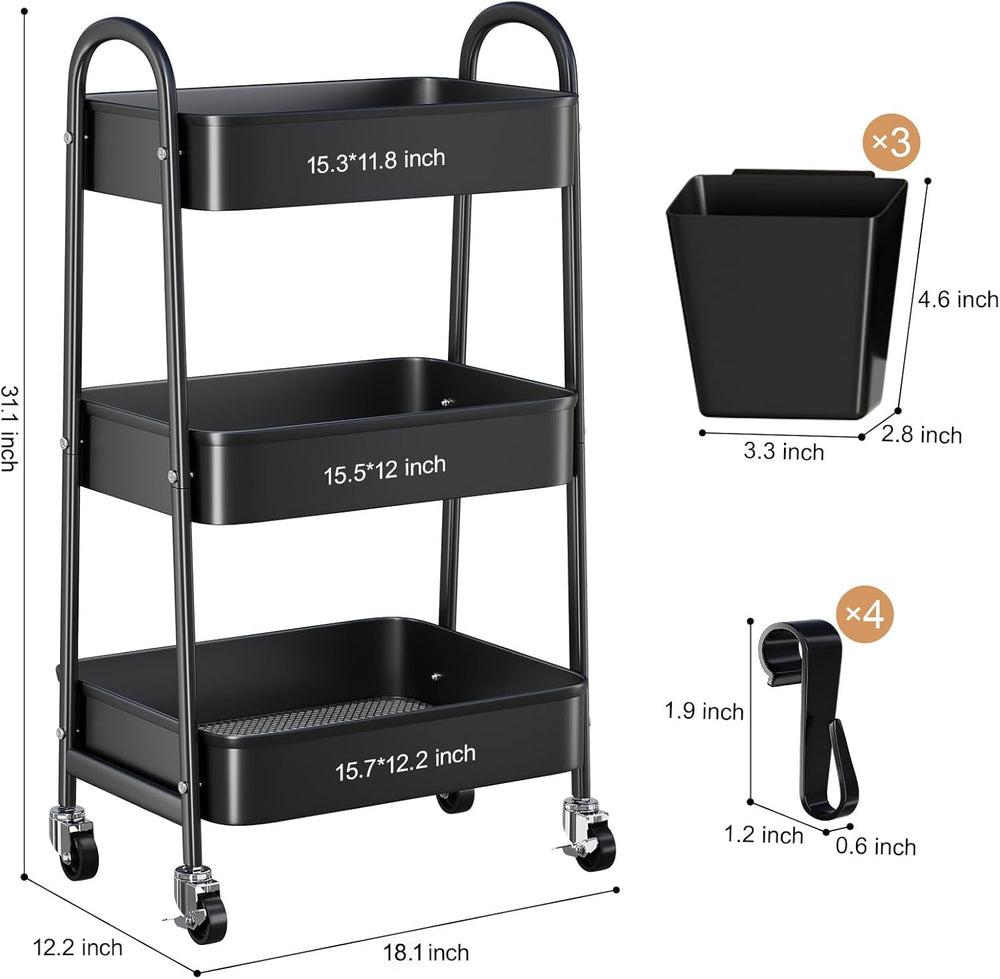 3 Tier Metal Rolling Cart with Lockable Wheels,Black Three Tiered Art Carts