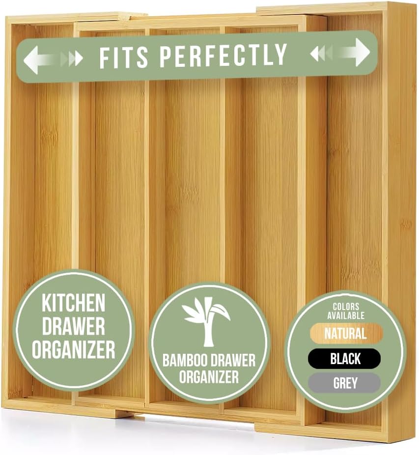 Purawood Expandable Kitchen Drawer Organizer 3-5 Slots, Natural