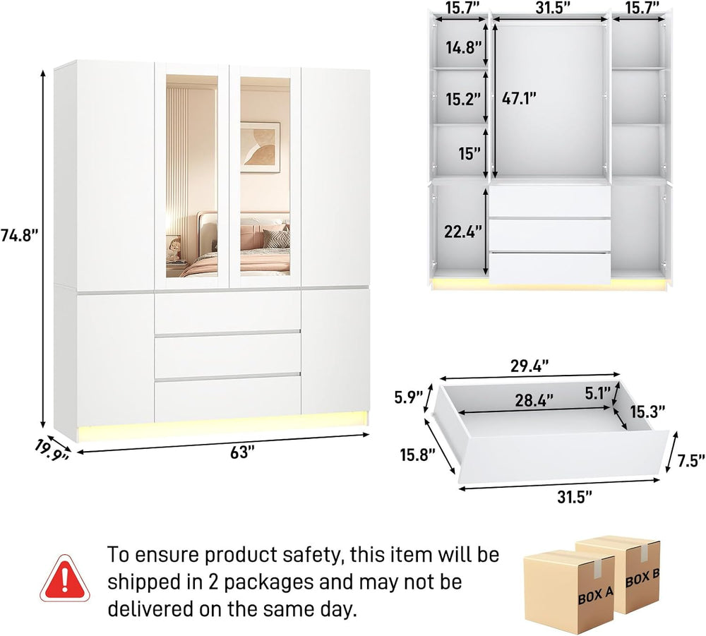 4 Doors Armoire Wooden Wardrobe Closet with 3 Drawers & 2 Mirror, 75"...