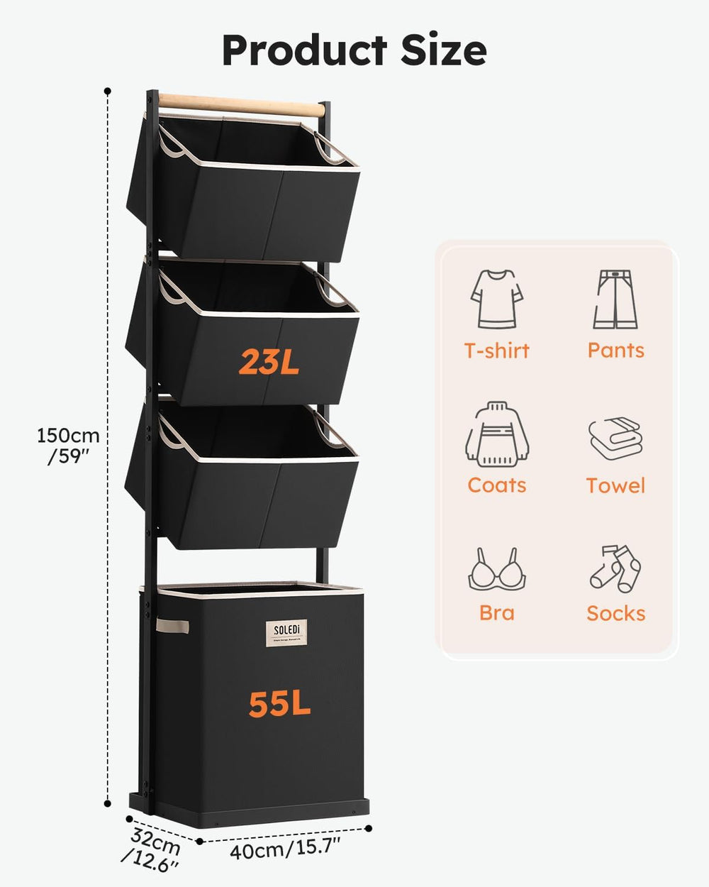 SOLEDI 4-Tier Laundry Hamper Sorter Vertical Laundry Basket for Small Space