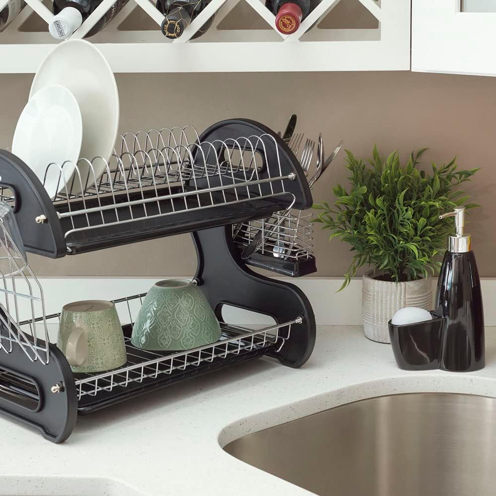 Home Basics Plastic 2-Tier Dish Drainer Rack, Air Drying and Organizing Dishe...