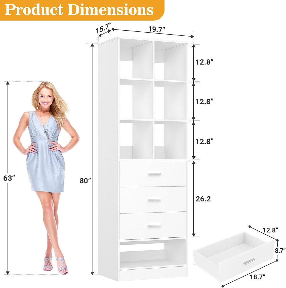 Closet System Organizer with 3 Drawers and Partition Storage, Freestanding Wa...