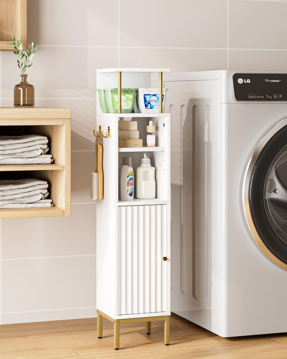 Bathroom Storage Cabinet,Small Corner Floor Cabinet with 2 Hook,Narrow Toilet...