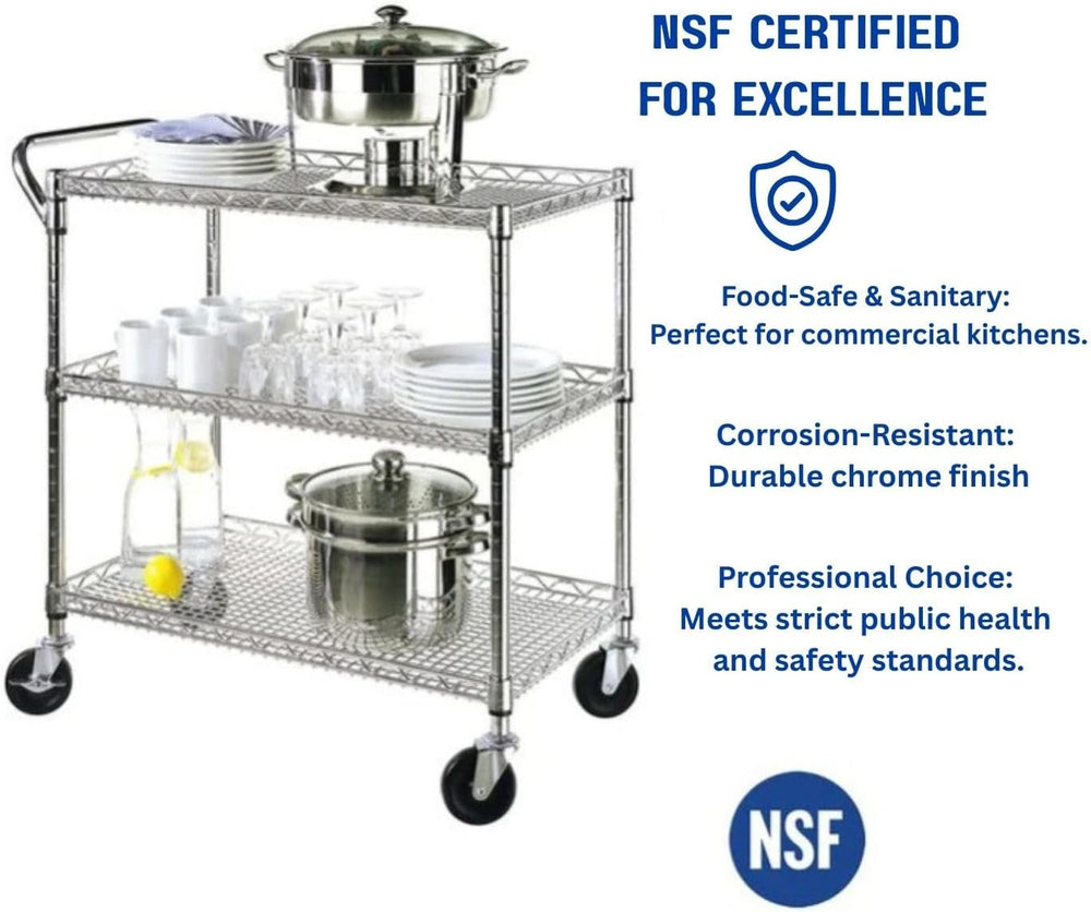 Heavy Duty Rolling Utility Kitchen Cart on Wheels, Chrome Wood Serving Cart C...