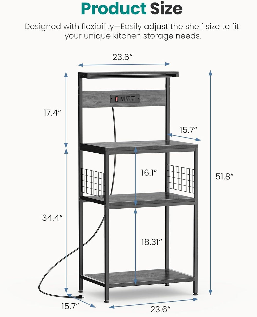 OLIXIS Standing Bakers Rack with Power Outlet, 23.6 Inch Microwave Stand
