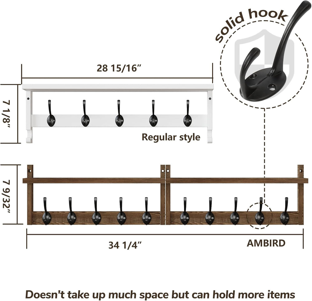AMBIRD 34.2 inch Wooden Extra-Long Wall Hook Rack with Shelf - Versatile and ...