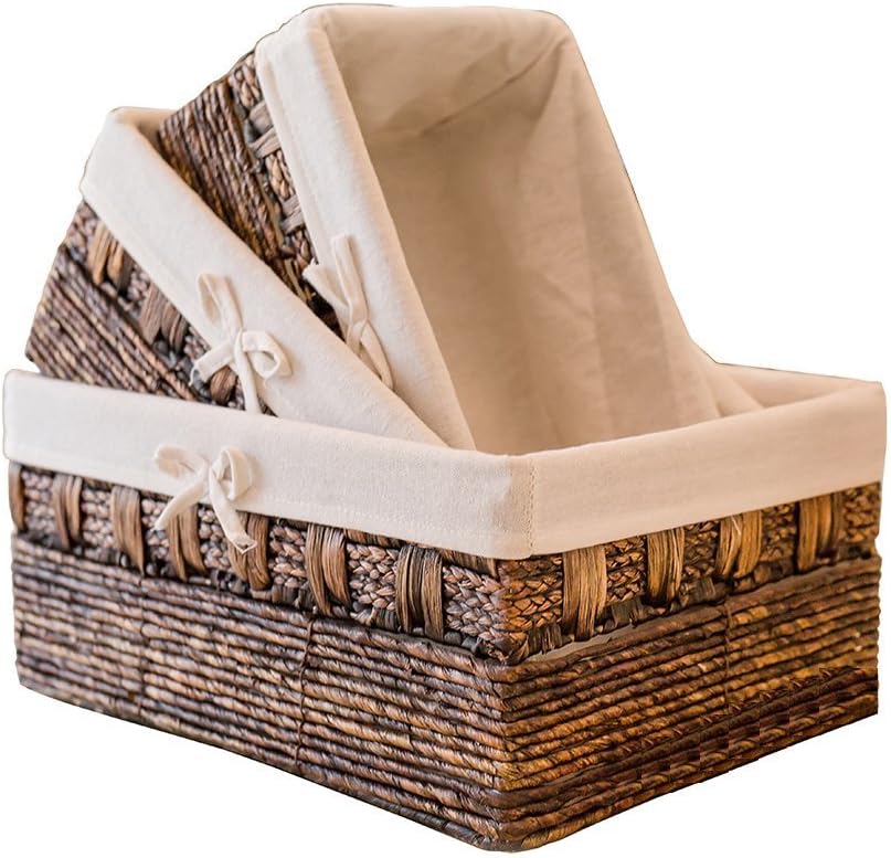 KINGWILLOW Set of 3 Woven Storage Basket, Rectangular Straw Basket for Shelves