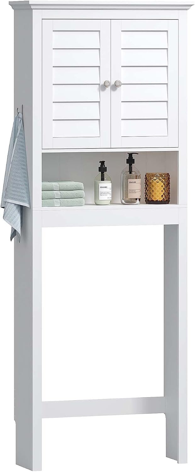 Spirich Over The Toilet Storage Cabinet with Louvered Doors & Hooks, White