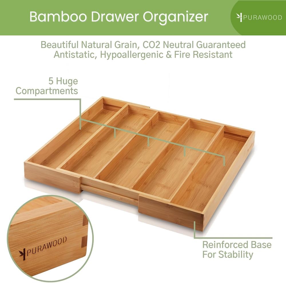 Purawood Expandable Kitchen Drawer Organizer 3-5 Slots, Natural