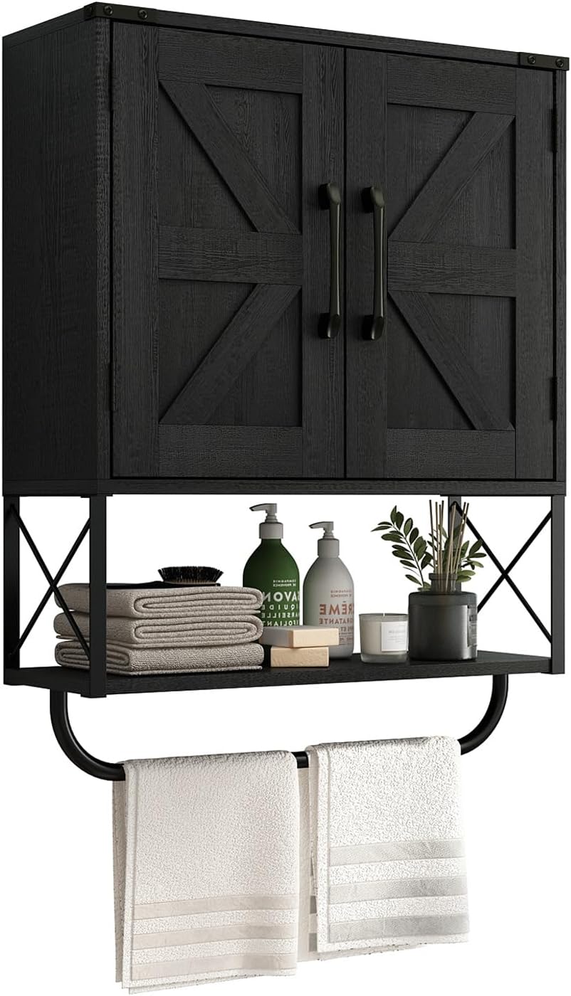 RUSTOWN Farmhouse Medicine Cabinet with 2 Barn Door & Towel Bar Rack