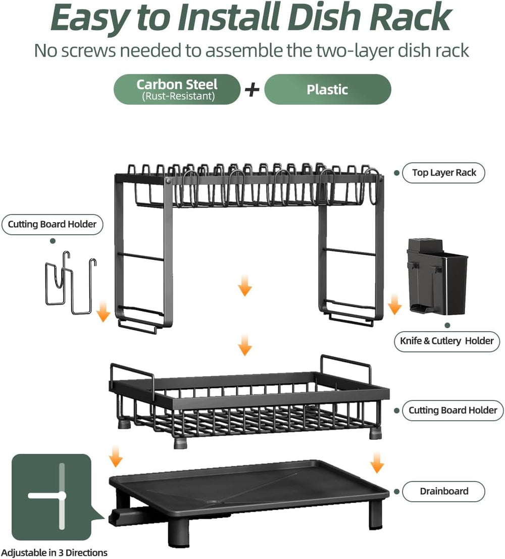 2-Tier Dish Drying Rack for Kitchen Counter, Space-Saving, Black