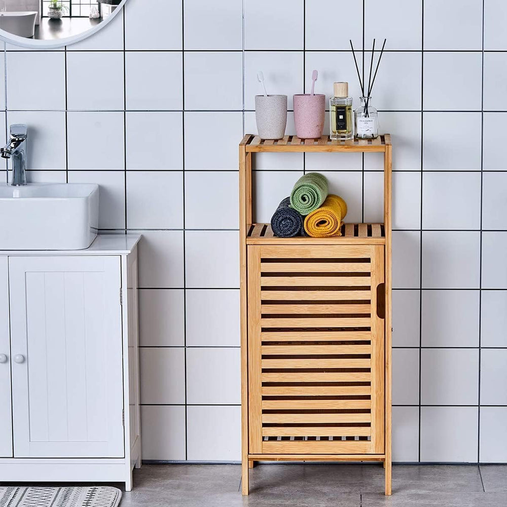 Bathroom Bamboo Storage Cabinet, Freestanding Floor Cabinet with Door Shelf
