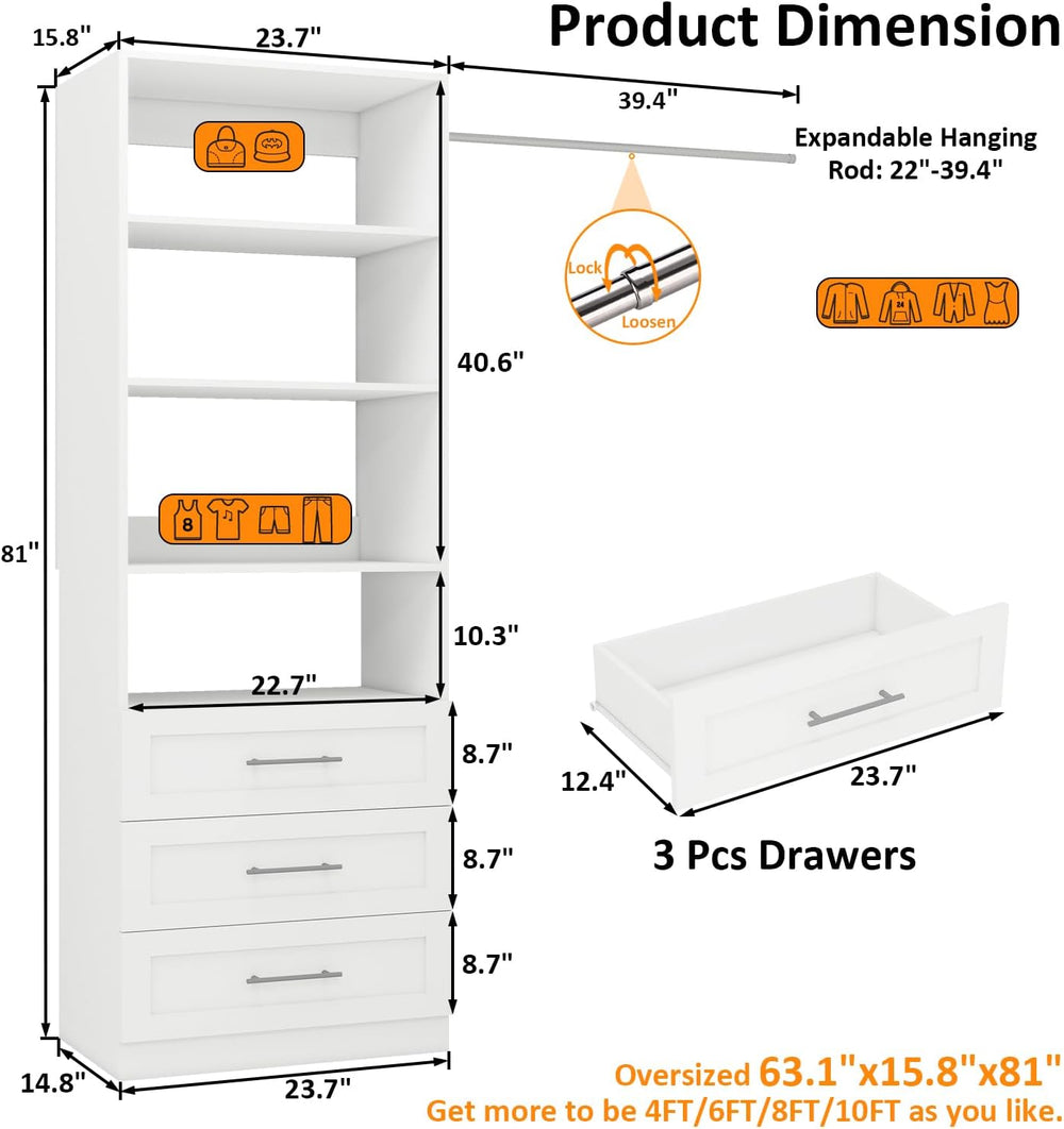 Closet System with 3 Drawers & 4 Shelves, Wood Closet Organizer System wi...